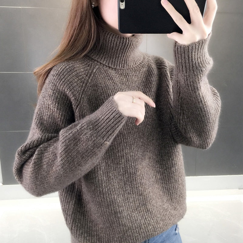 Turtleneck Sweater Warm Thick Loose Knitted Coat Winter Solid Vintage Pullover High Collar Jumper Casual Girls Outwear