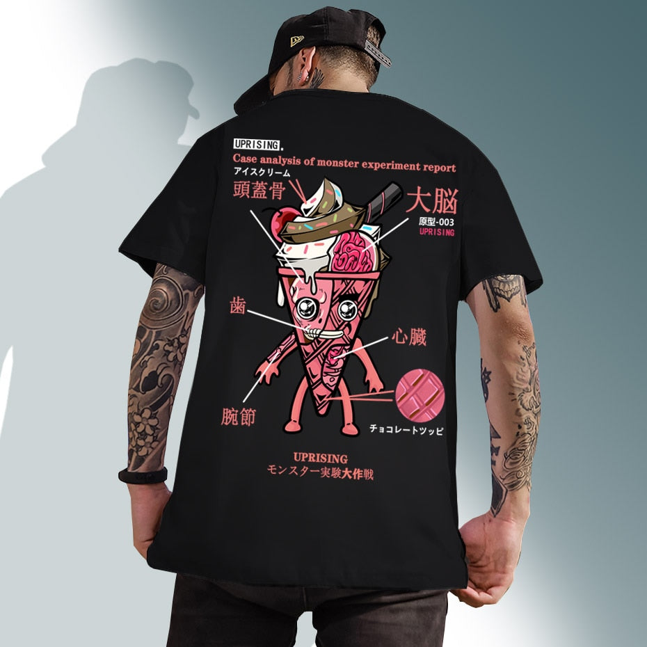 Men Hip Hop T Shirt Funny Ice Cream Anatomy Harajuku Japanese Kanji T-Shirt Streetwear Japan Tshirt Cotton Summer Tops Tees