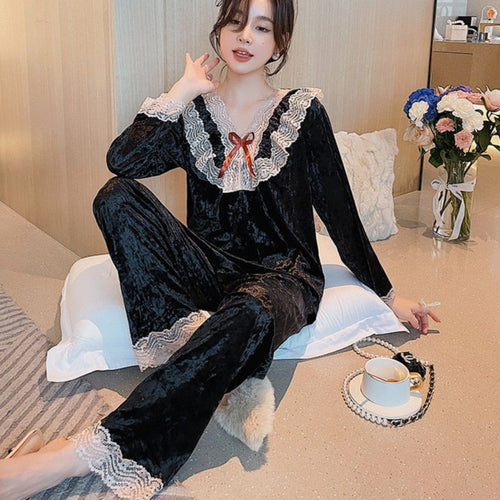 Load image into Gallery viewer, Women&#39;s Pajamas Set Sweet Style Velvet Sleepwear Casual Lace Bow Homewear V Neck Nightwear Pyjamas Femme
