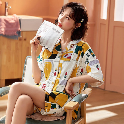 Load image into Gallery viewer, Summer Women&#39;s Pajamas Set Fashion Cute Cartoon Short Sleeve Shorts Sleepwear Cotton Leisure Home Clothes Nightwear for Girls
