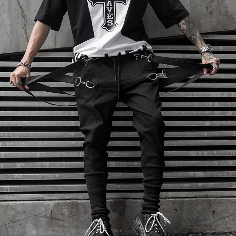 Men Hip Hop Harem Pants Spring Streetwear Elastic Waist Trousers Joggers Multi-pocket Ribbons Black Men's Clothing WB549