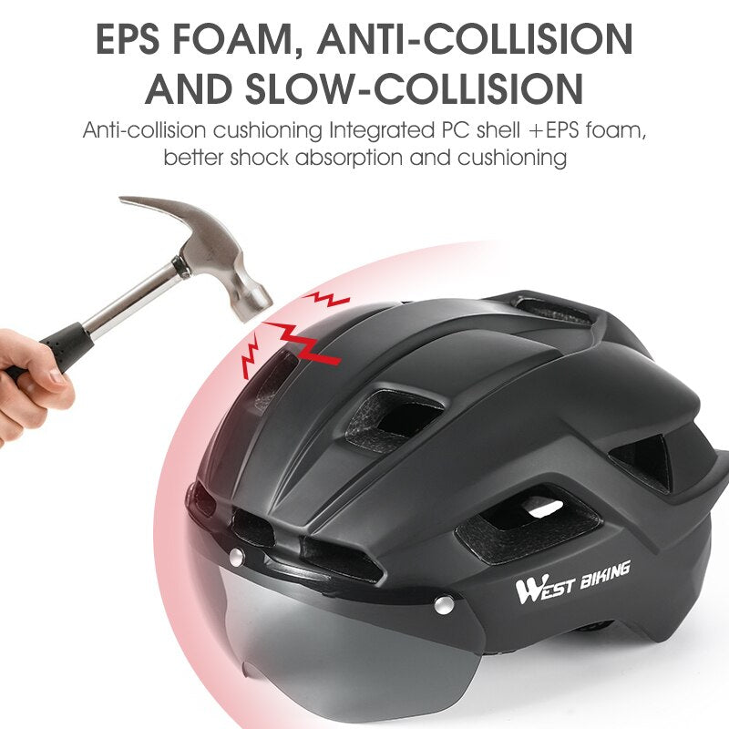 Bicycle Helmet Goggles Lens Warning Taillight EPS Breathable Cycling Helmet Men Women Aero MTB Road Bike Helmet