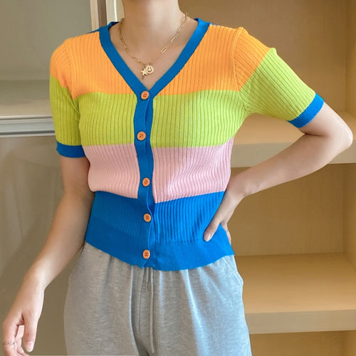 Load image into Gallery viewer, Gashion Striped Women T Shirt Summer V Neck Knit Cardigan Rainbow Cute Thin Tees Casual Short Sleeve Loose Button Up Tops
