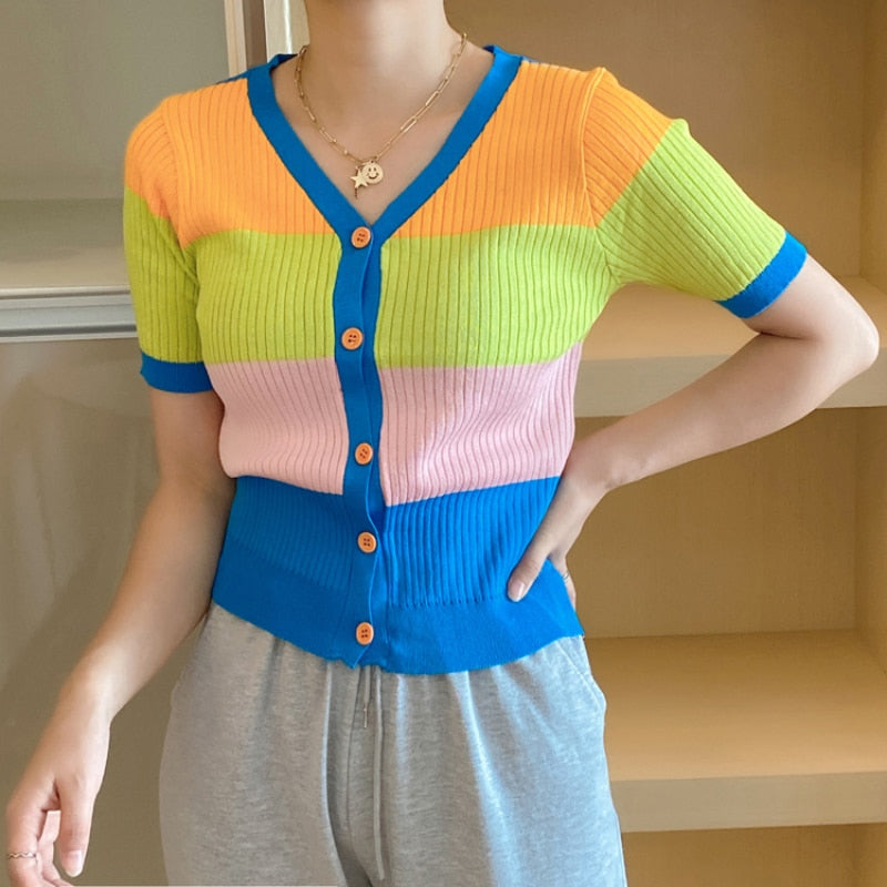 Gashion Striped Women T Shirt Summer V Neck Knit Cardigan Rainbow Cute Thin Tees Casual Short Sleeve Loose Button Up Tops