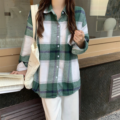 Load image into Gallery viewer, Vintage Women Plaid Shirts Designed Thick Long Sleeve Oversize Ladies Button Up Shirt Turn Down Collar Fall Female Tops
