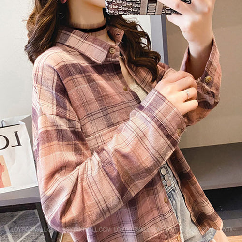 Load image into Gallery viewer, Plaid Women Shirt Spring Long Sleeve Korean Girls Blouse Casual Pink Cotton Turn Down Collar Streetwear Ladies Pocket Tops
