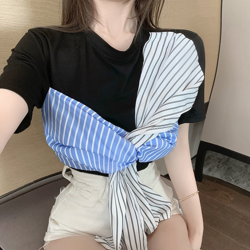 Striped Patchwork Women T Shirt Short Sleeve Summer O Neck Bandage Ladies Tees Korean Casual Designed Female Tops