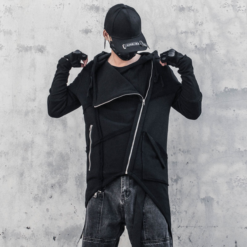 Irregular Asymmetric Cut Design Hoodie Sweatshirt Autumn Men Harajuku Hoodies Zipper Coat Hip Hop Streetwear Black Clothes