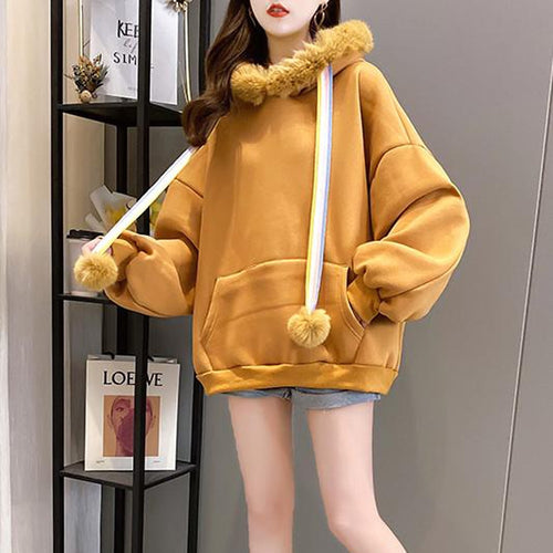 Load image into Gallery viewer, Winter Warm Women Hoodies Thick Sweet Faux Fur Hooded Wool Liner Loose Japan Girls Oversize Sweatshirt Casual Pink Tops
