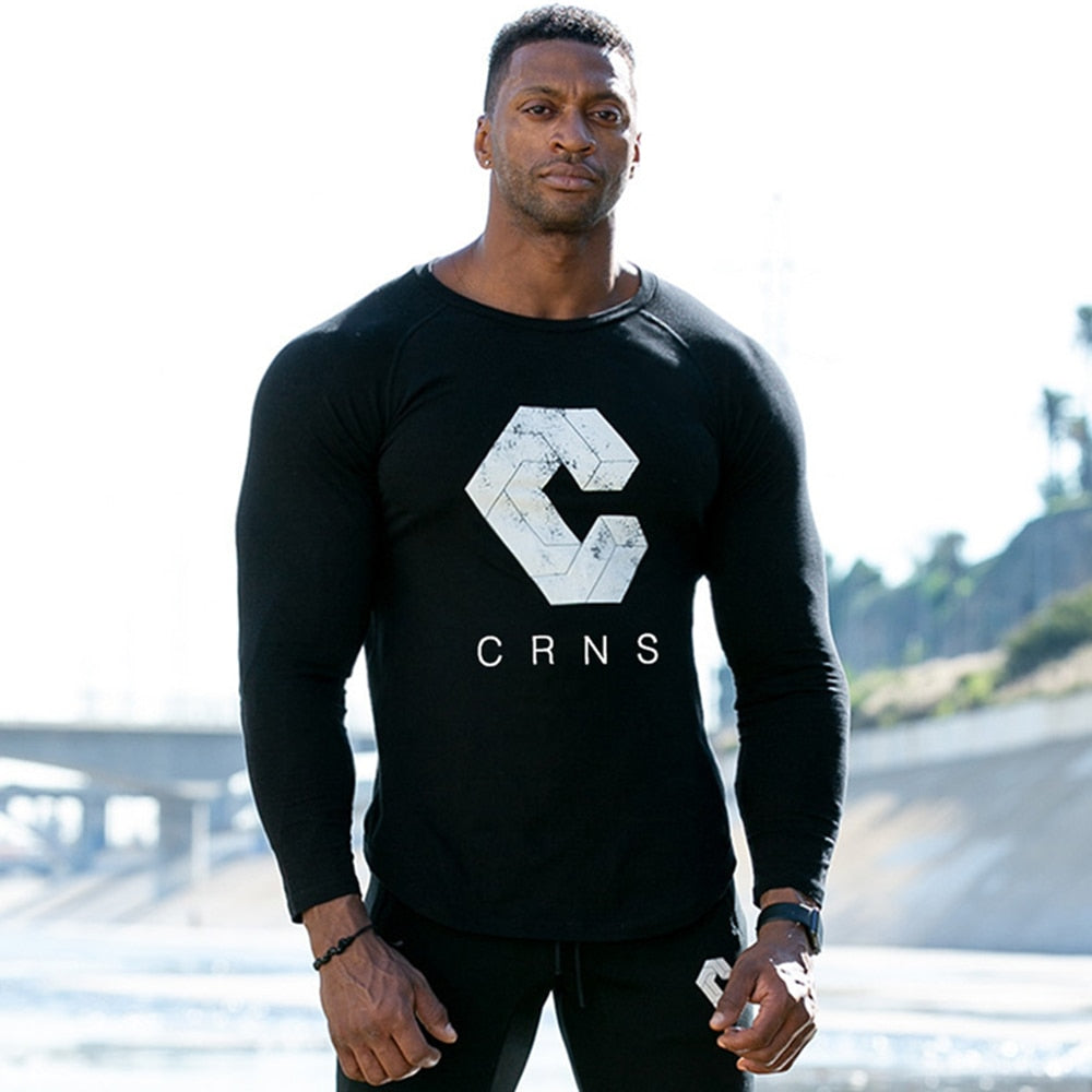 Casual Skinny Long sleeves t shirt Men Gym Fitness Bodybuilding Cotton Print T-shirt Male Workout Black Tees Tops Brand Clothing