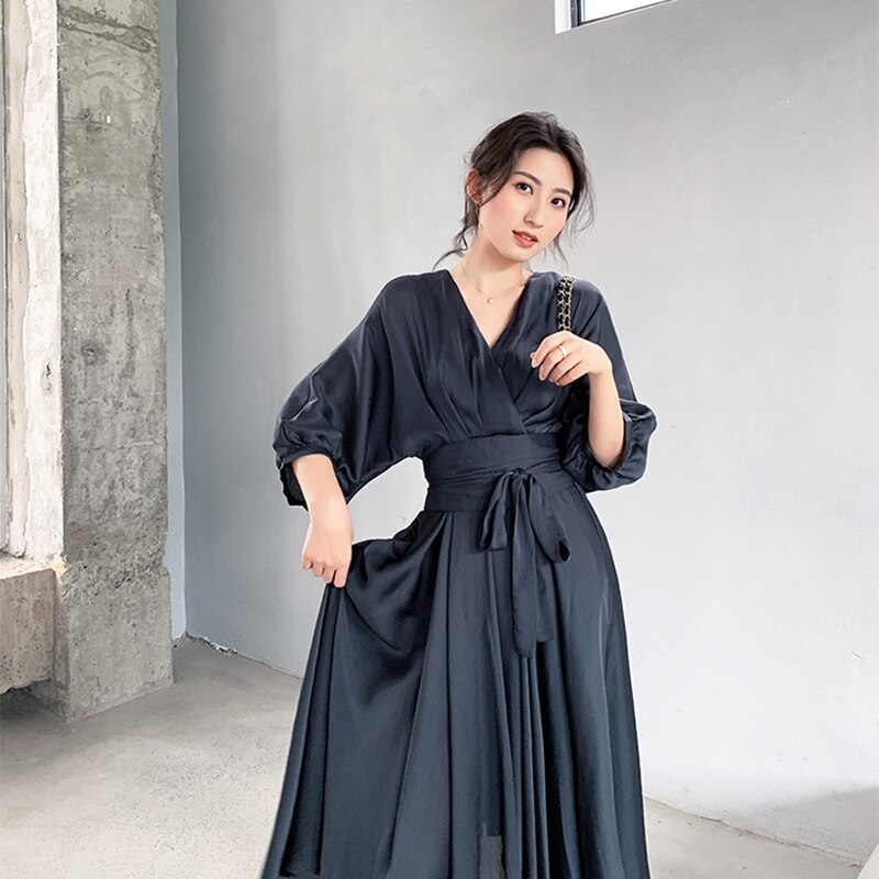 Elegant Chiffon Dress For Women V Neck Lantern Sleeve High Waist Korean Dresses Female Fashion Clothing Spring