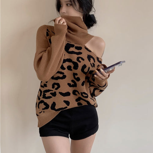 Load image into Gallery viewer, Sexy Off Shoulder Women Sweater Fashion Leopard Pullover Knit Loose Turtleneck Warm Winter Long Sleeve Mujer Coat
