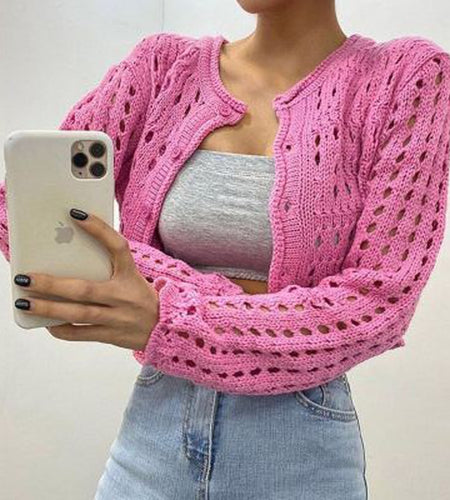 Chic Women Cardigan Sweater Korean Hollow Out Chic Long Sleeve Corded Casual Long Sleeve Knitted Short Coat