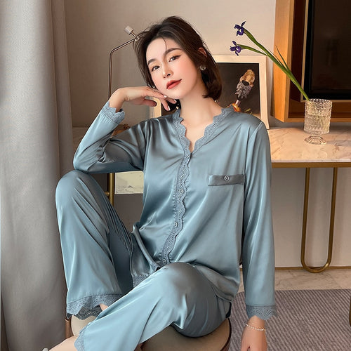 Load image into Gallery viewer, Women&#39;s Pajamas Set Vintage V Neck Lace Sleepwear Silk Like Nightie Leisure Home Clothes Nightwear Pyjamas Femme
