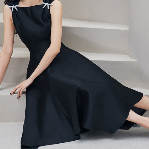 Load image into Gallery viewer, Elegant Black Dress For Women Square Collar Sleeveless High Waist Solid Patchwork Bowknot Midi Dresses Female Style
