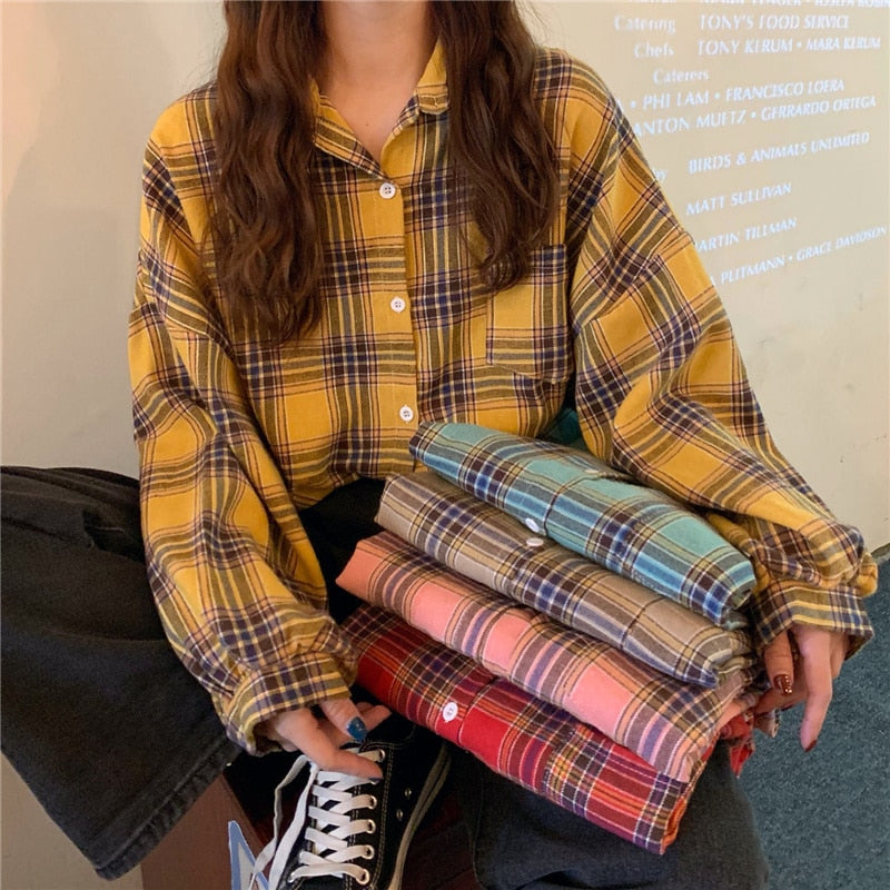 Plaid Women Shirt Loose Spring Long Sleeve Harajuku Korean Loose Ladies Blouse Casual Turn Down Collar Cotton Vintage Tops