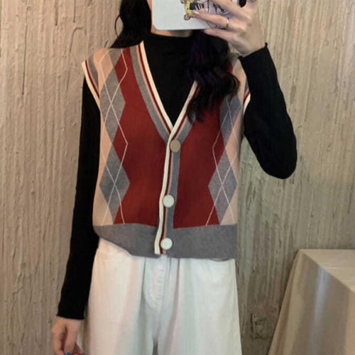 Load image into Gallery viewer, Argyle Women Cardigan Sweater Fashion V Neck Knit Fall Jumper Vest Casual Button Up Female Outwear
