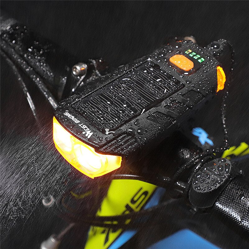 USB Rechargeable Bicycle Light 2000mAh Solar Power LED Cycling Headlight Waterproof 120dB Bike Horn Warning Lamp