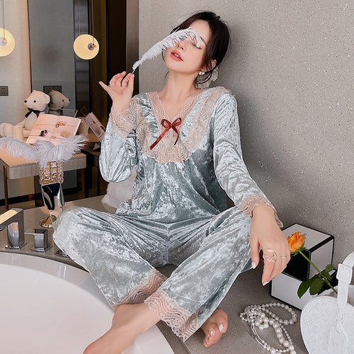 Load image into Gallery viewer, Women&#39;s Pajamas Set Sweet Style Velvet Sleepwear Casual Lace Bow Homewear V Neck Nightwear Pyjamas Femme
