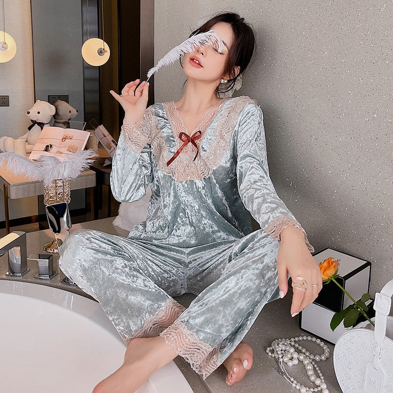 Women's Pajamas Set Sweet Style Velvet Sleepwear Casual Lace Bow Homewear V Neck Nightwear Pyjamas Femme