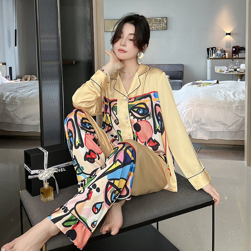 Load image into Gallery viewer, High Quality Women&#39;s Pajamas Set Abstract Art Sleepwear Silk Like Homewear V Neck Nightwear Nightgown пижама женска
