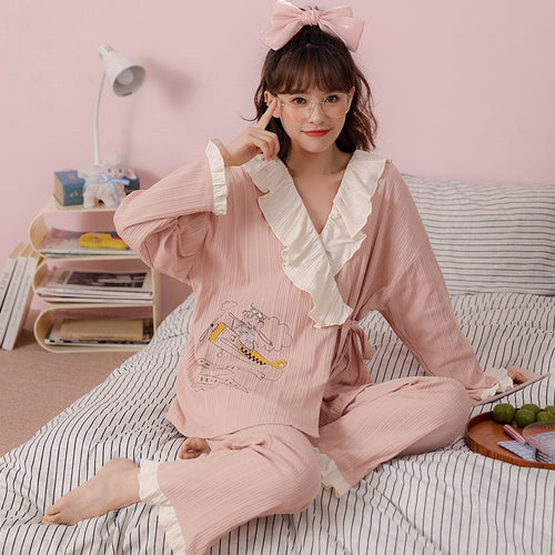 Load image into Gallery viewer, High Quality Women&#39;s Pajamas Set Kimono Ins Style Sleepwear Cotton Casual Homewear V Neck 2pcs Nightgown пижама женская
