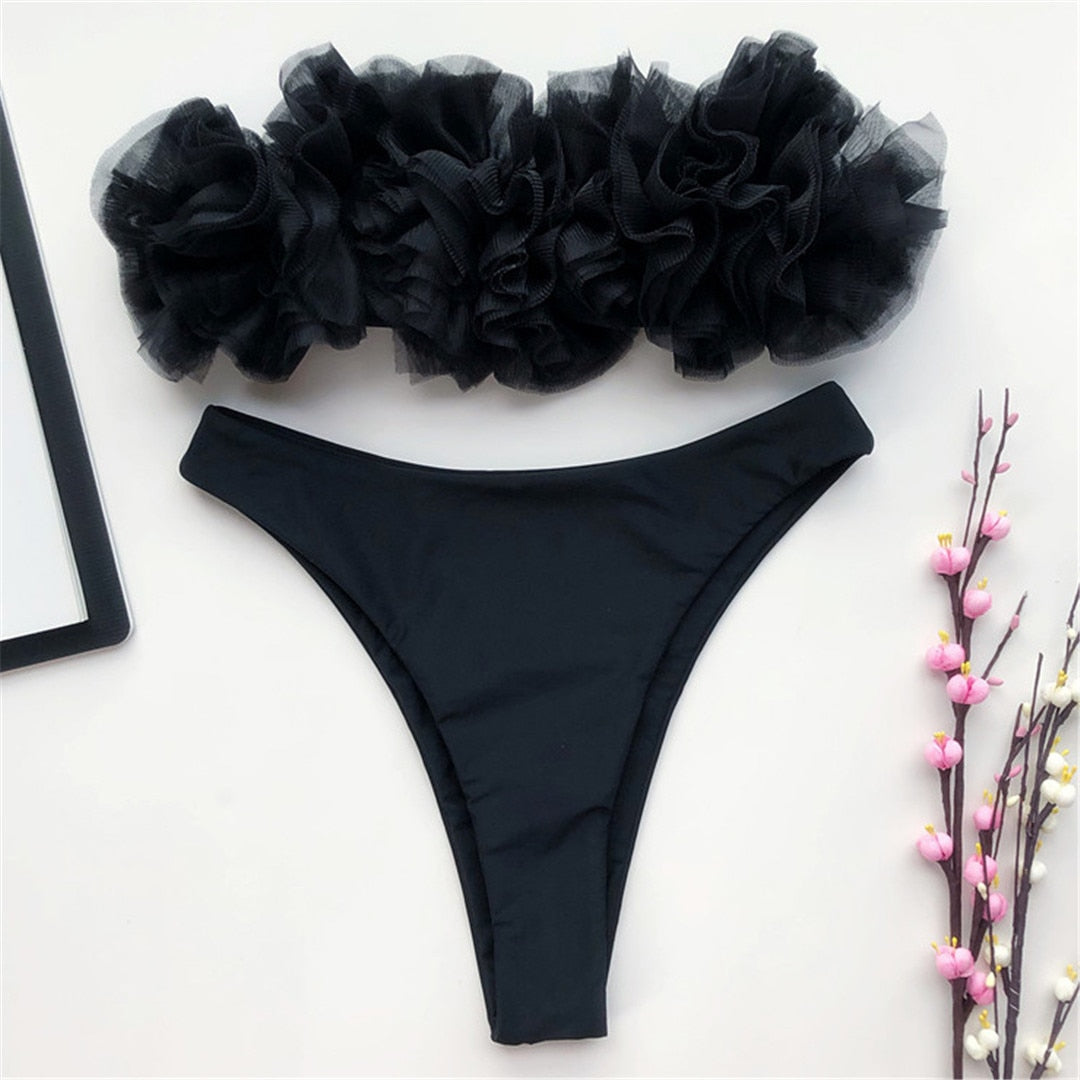 Mid Waist Strapless Bandeau Bikini Female Swimsuit Women Swimwear Two-pieces Bikini set Flower Bather Bathing Suit Swim V2080