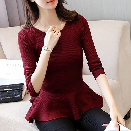 Load image into Gallery viewer, Spring Women Knitted Blouse Fashion Elegant Ruffles Long Sleeve O Neck Tunic Pullover Casual Harajuku Ladies Basic Top
