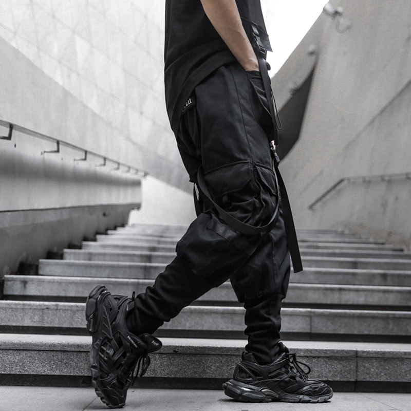 Tactical Cargo Pants Men Harajuku Streetwear Function Pants Ribbon Multi-pocket Trousers Elastic Waist Hip Hop Male WB283