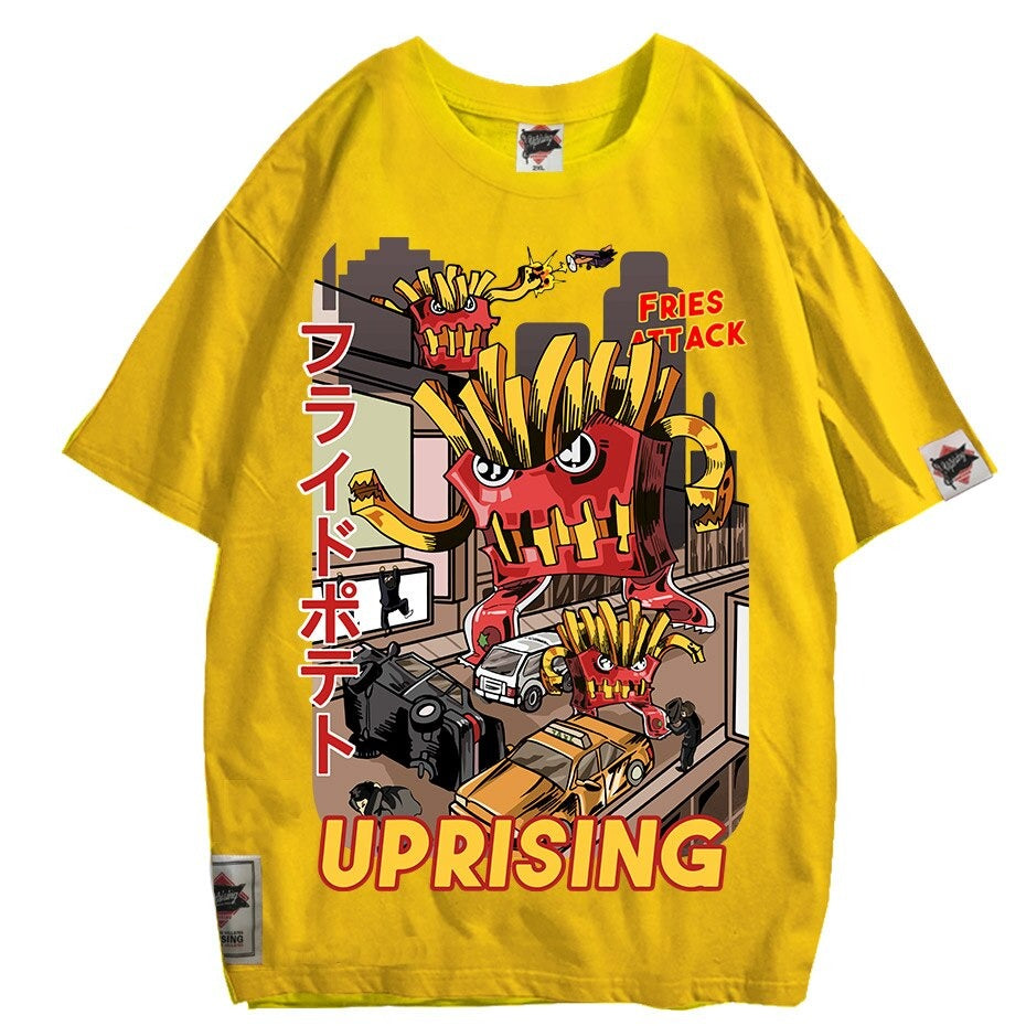French fries attack uprising counterattack men's short-sleeved T-shirt on original fashion brand hip hop punk personality titan