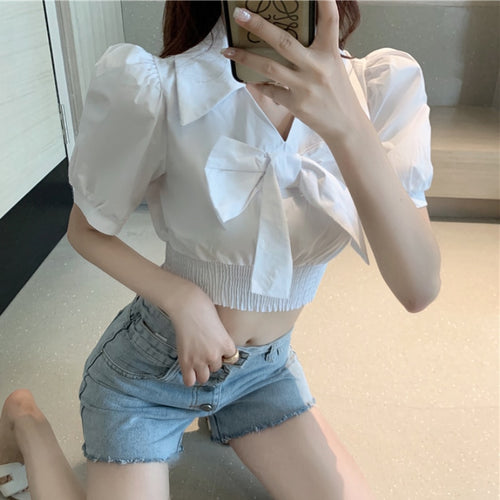 Load image into Gallery viewer, Elegant Tunic Women Blouse Summer Short Sleeve White Korean Bow Knot Ladies Crop Tops Fashion European Style Chic Tops

