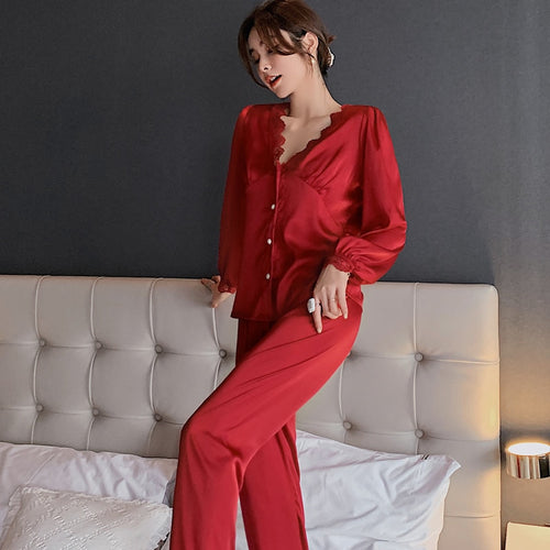 Load image into Gallery viewer, Summer Women&#39;s Pajamas Set Fashion Lace V Neck Sexy Sleepwear Silk Like Nightwear Home Clothes Suit Pyjamas Femme
