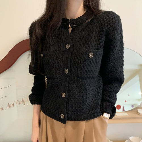 Load image into Gallery viewer, Vintage Women Cardigans Sweater Elegant Single Breasted Autumn Knitted Short Jacket Casual O Neck Korean Female Coats
