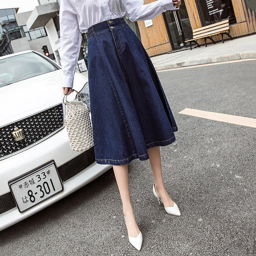 Load image into Gallery viewer, Elegant Women Denim Skirt Autumn Fashion Button A Line Jean Mid-calf Skirt Casual Korean Large Size Loose Faldas Female
