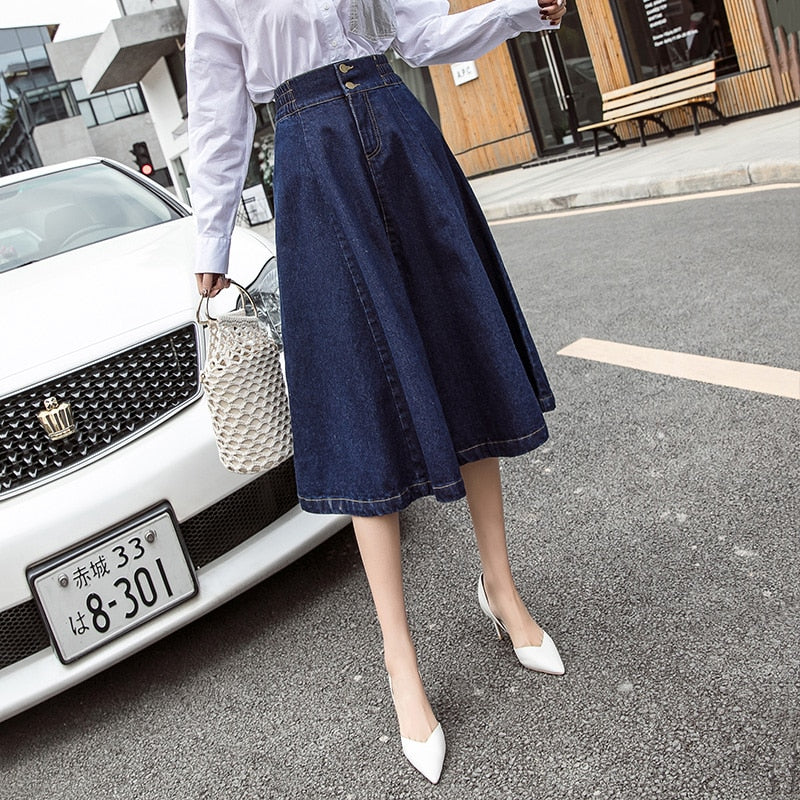 Elegant Women Denim Skirt Autumn Fashion Button A Line Jean Mid-calf Skirt Casual Korean Large Size Loose Faldas Female