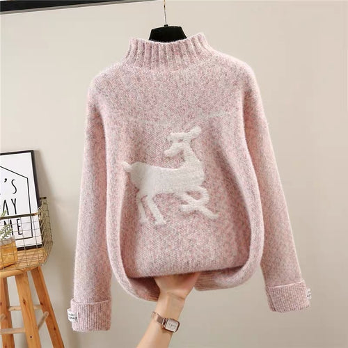 Load image into Gallery viewer, Winter Christmas Women Sweater Half Turtleneck Sweater Cartoon Pullover Knit Coat Casual Letter Long Sleeve Ladies Jumper
