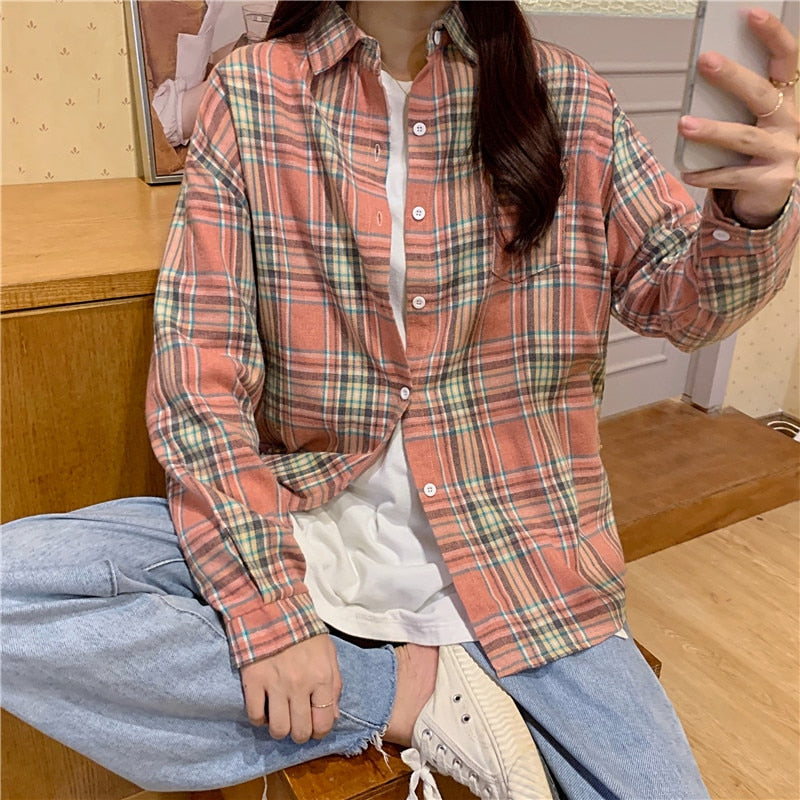 Plaid Women Shirt Casual Turn Down Collar Long Sleeve Fall Button Up Shirts Korean Loose Pocket Fashion Female Tops