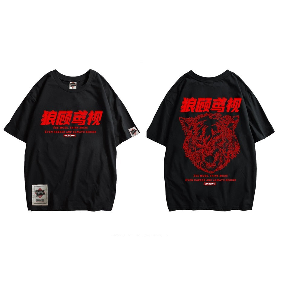 Streetwear Moon Wolf T Shirt Hip Hop Men T-Shirt Oversize Harajuku Tshirt Black Short Sleeve Tops Tees Cotton Animals Print