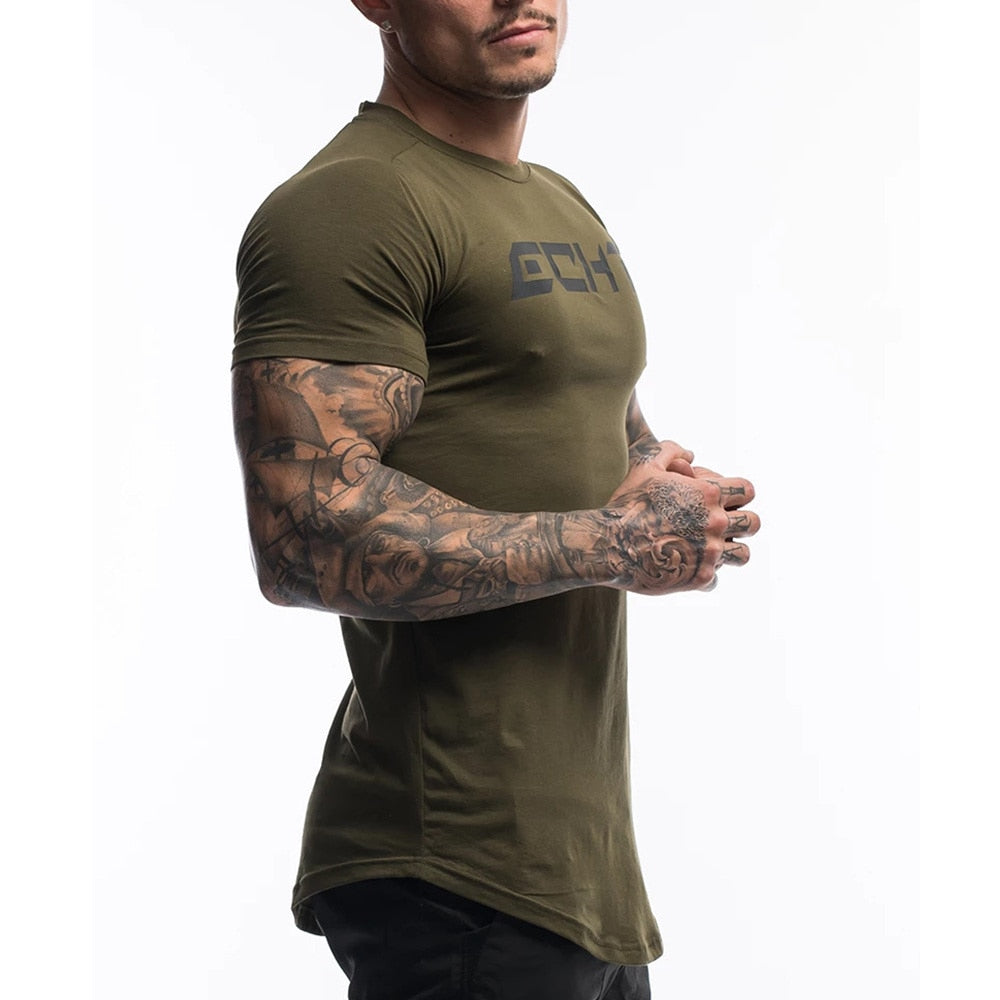 Gym Clothing Men Short Sleeve T-shirt Summer Fitness Bodybuilding Skinny Shirt Male Training Workout Tees Casual Cotton Tops