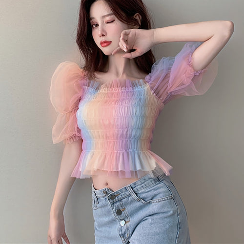 Load image into Gallery viewer, Cute Women Mesh Blouse Summer Puff Sleeve Fashion Rainbow Designed Slim Japan Crop Tops Casual Slim Ladies Blusas
