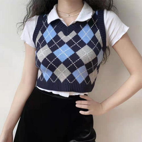 Load image into Gallery viewer, Argyle Women Vest Sweater Autumn Fashion V Neck Knitted Plaid Crop Sweater Casual V Neck Preppy Style Female Jumper Tops
