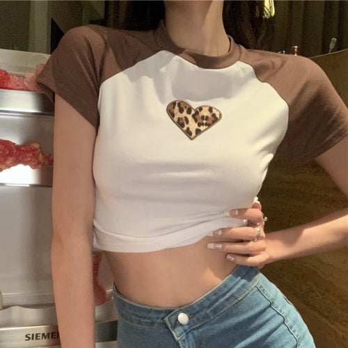 Load image into Gallery viewer, Fashion Leopard Embroidery Women Tanks 100% Cotton O Neck Fashion Crop Tops Slim Short Sleeve Elastic Girls Cute Tops
