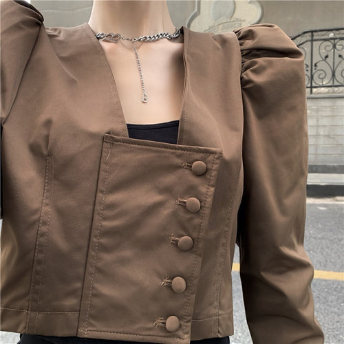 Load image into Gallery viewer, Elegant Women Shirts Autumn Fashion Square Collar Korean Puff Sleeve High Waist Crop Tops Single Breasted Female Shirt
