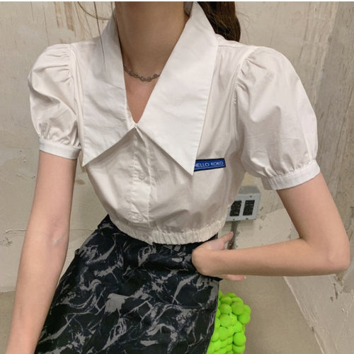 Load image into Gallery viewer, Summer Sweet Women Shirt White Short Sleeve Crop Top Fashion Ladies Button Up Tops Harajuku Casual Cute Mujer Blouse
