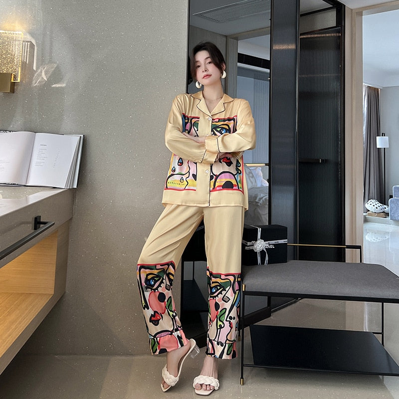 High Quality Women's Pajamas Set Abstract Art Sleepwear Silk Like Homewear V Neck Nightwear Nightgown пижама женска