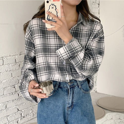 Load image into Gallery viewer, Vintage Plaid Women Shirt Autumn Large Size Long Sleeve Oversize Shirts Casual Loose Fall Korean Button Up Tops
