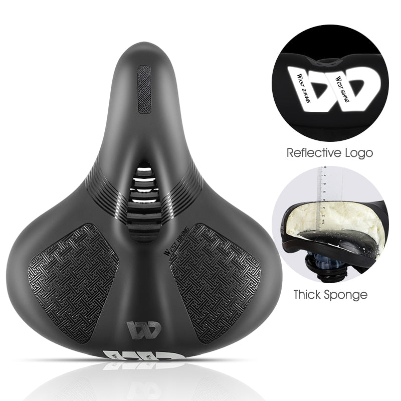 Wide Soft Bicycle Saddle Hollow Shock Absorption Mountain Bike Seat Breathable Reflective Waterproof Cycling Cushion