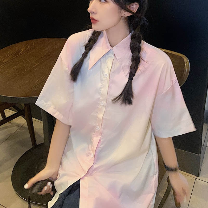 Harajuku Tie Dye Women Shirts Summer Short Sleeve Loose Chic Girls Button Up Korean Long Shirt Streetwear Fashion Tops