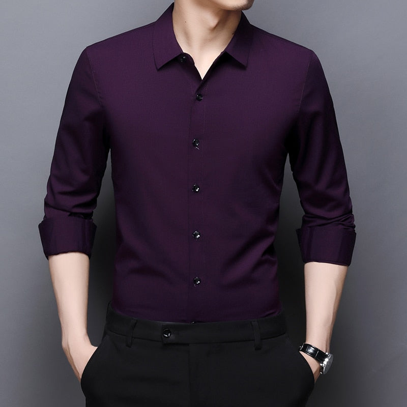 Top Quality Fashion Brand  Slim Fit Mens Fashion Dress Shirts Formal Long Sleeve Solid Color Casual Korean Dress Clothes