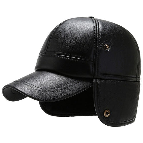 Load image into Gallery viewer, Warm Winter Bomber Hat PU Leather Black Baseball Cap for Men Velvet Thick Men&#39;s Cap Earflaps Gorras Hombre Snapback
